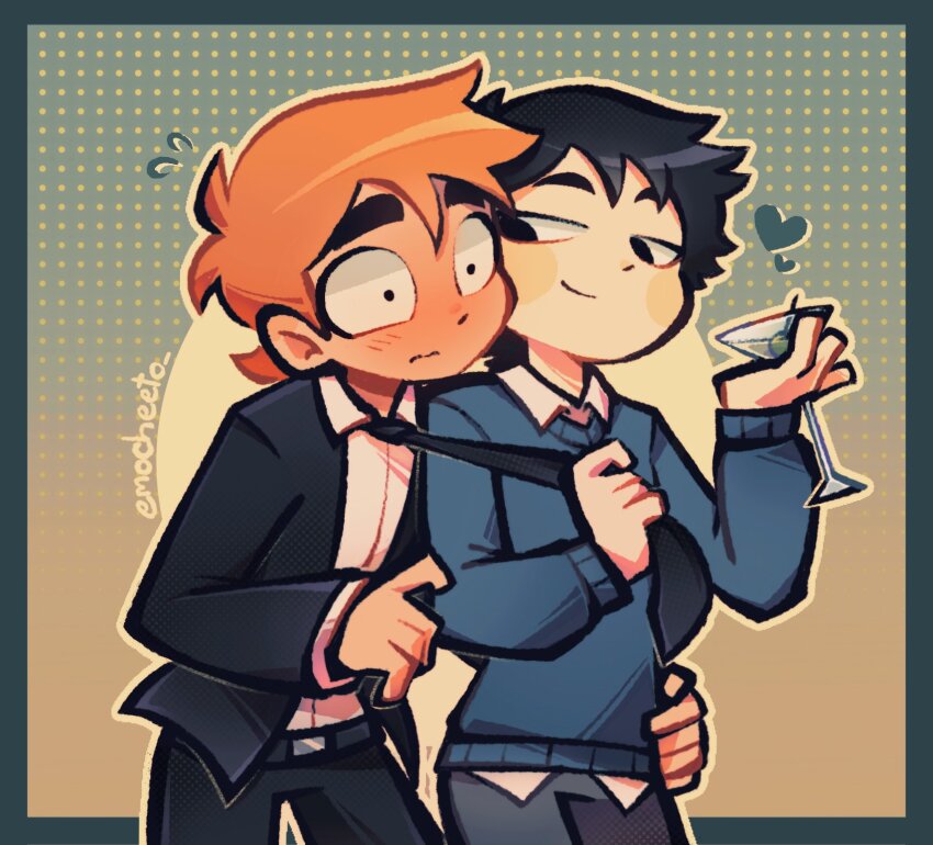 2boys, abstract_background, ahoge, alternate_costume, belt, black_eyes, black_hair, black_jacket