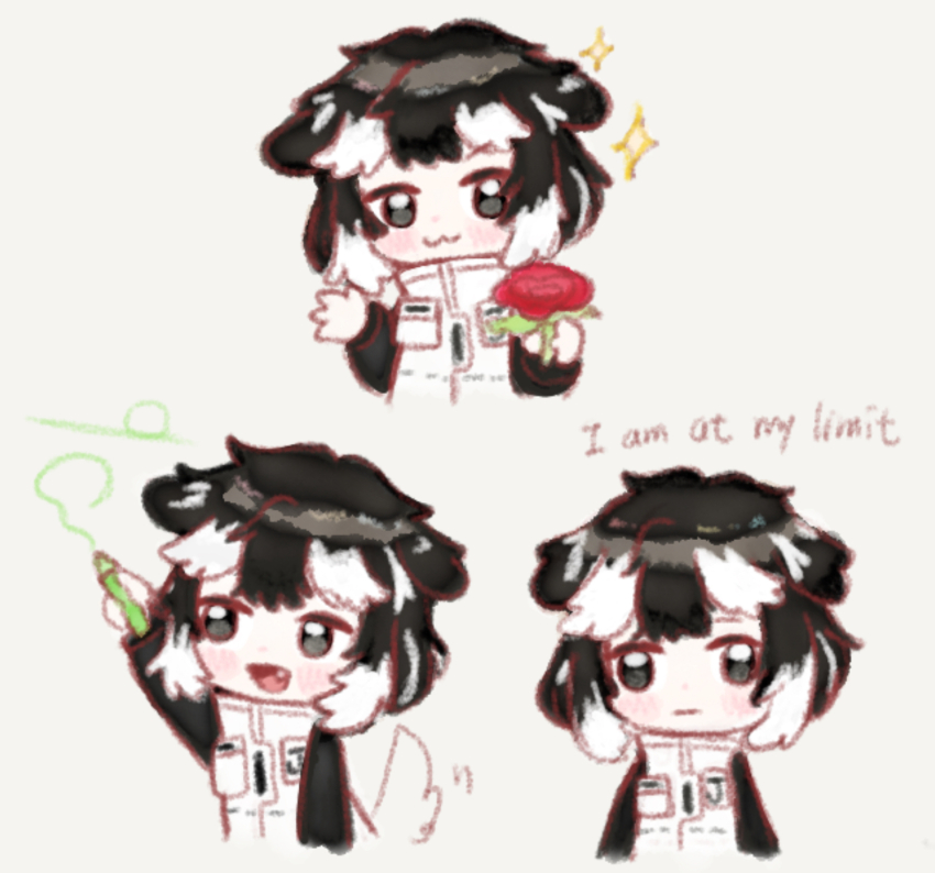 1girl, animal_ears, black_hair, black_sleeves, blush, closed_mouth, dog_ears, english_text