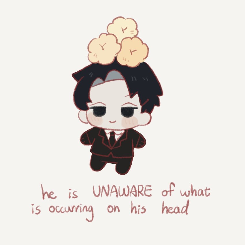 1boy, black_eyes, black_gloves, black_hair, black_necktie, black_pants, blush, chibi, closed_mouth, collared_shirt, english_text, food, full_body, gloves, he_is_unaware_of_what_is_occurring_on_his_head_(meme), highres, kirayumedream, library_of_ruina, meme, necktie, pants, popcorn, project_moon, roland_(project_moon), shirt, simple_background, smile, solo, white_background, white_shirt