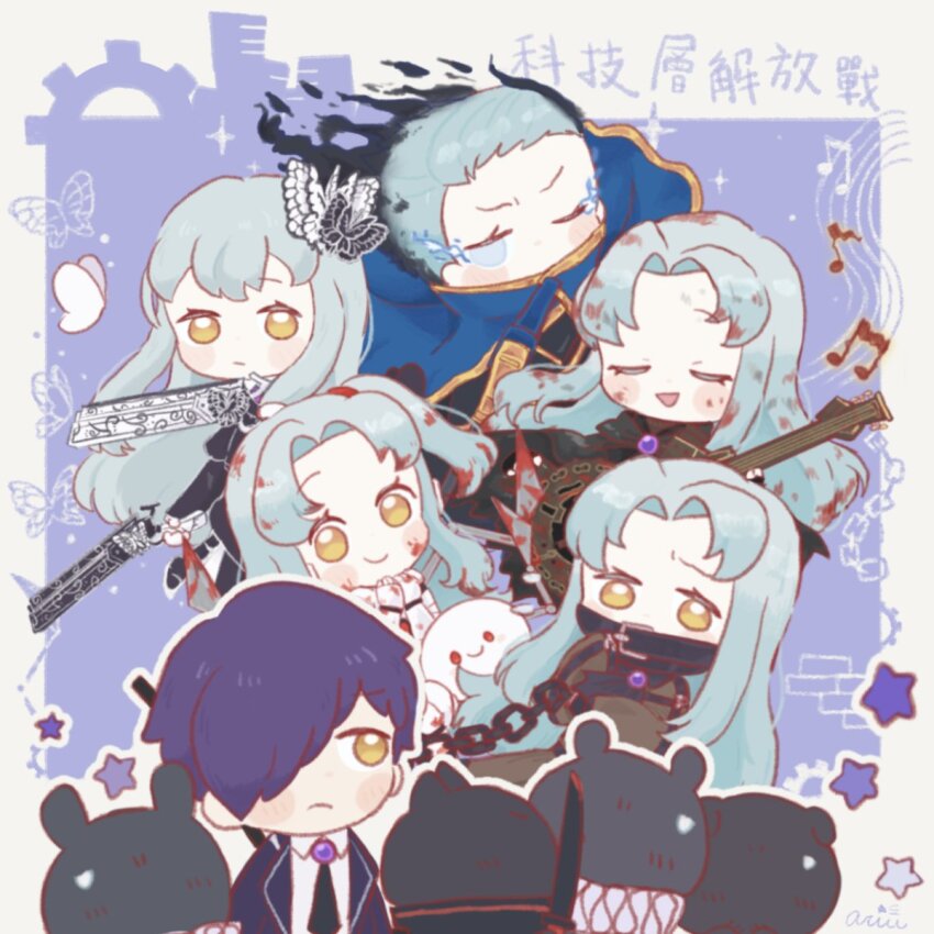 1boy, 5girls, all-around_helper, angela_(project_moon), blood, blood_in_hair, blue_cape, bodysuit