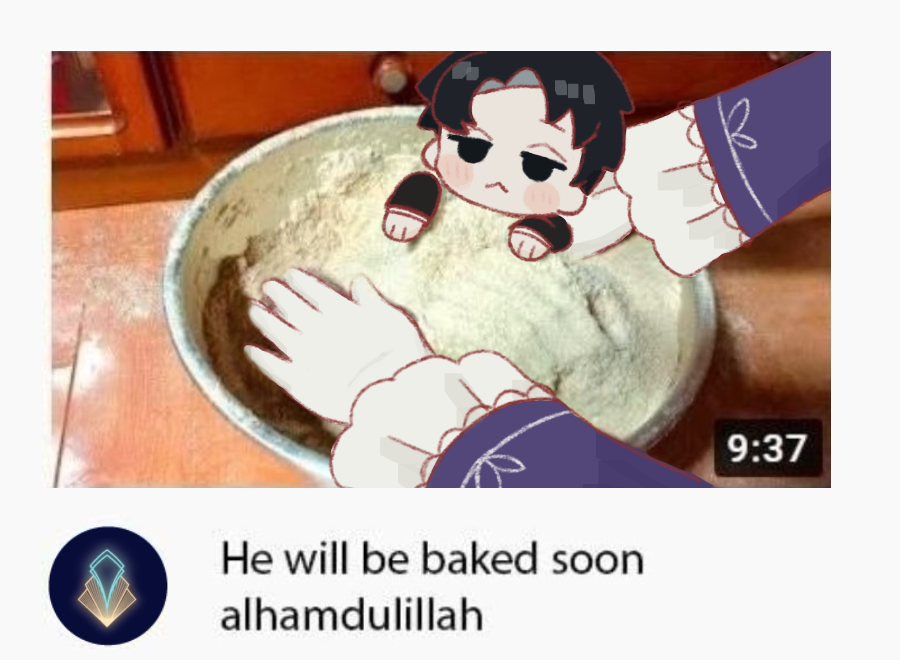 1boy, 1girl, :<, angela_(project_moon), black_eyes, black_hair, blue_coat, chibi, closed_mouth, coat, english_text, flour, frilled_sleeves, frills, he_will_be_baked_soon_alhamdulillah_(meme), kirayumedream, library_of_ruina, meme, mini_person, miniboy, out_of_frame, project_moon, roland_(project_moon), youtube