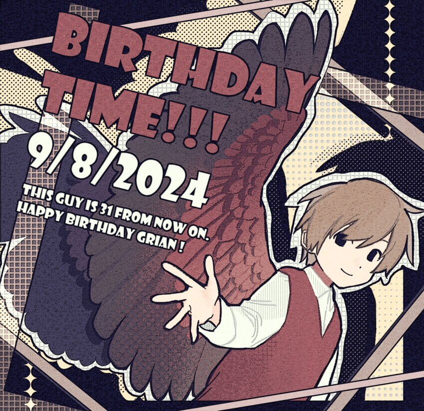 1boy, 2024, animification, bird_boy, bird_wings, birthday, black_eyes, brown_hair, commentary, dated, english_commentary, english_text, grian_(youtuber), happy_birthday, hermitcraft, highres, light_brown_hair, long_sleeves, looking_at_viewer, male_focus, minecraft_youtube, mipaihere, red_vest, shirt, short_hair, smile, solo, upper_body, vest, white_shirt, wings