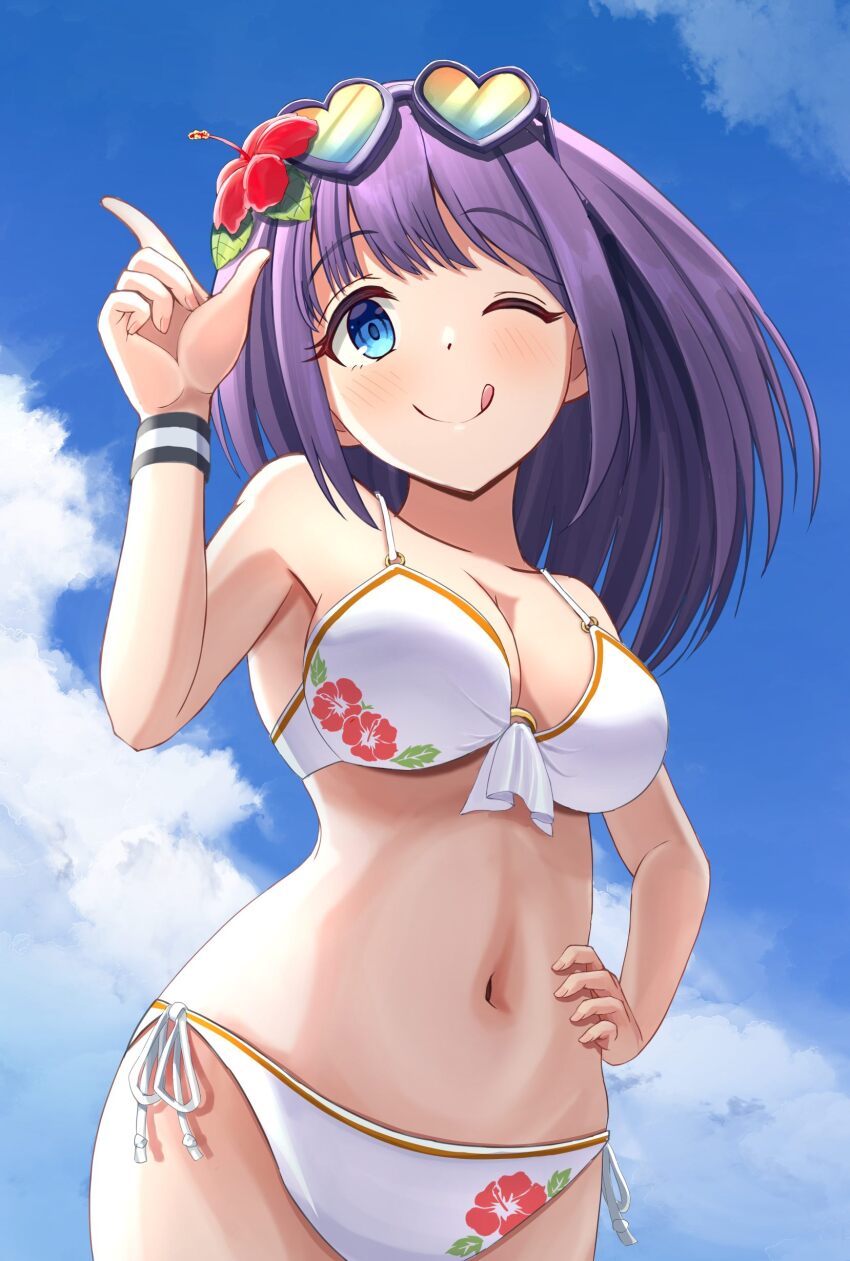 1girl, absurdres, bikini, blue_eyes, blue_sky, breasts, cleavage, cloud