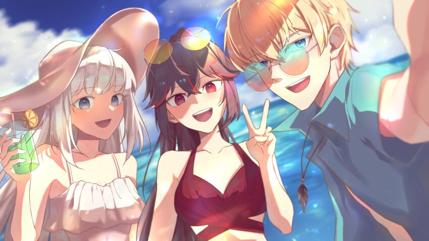 1boy, 2girls, black_hair, blonde_hair, blue_eyes, blue_shirt, cup, dooyam_830