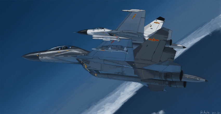 absurdres, air-to-air_missile, aircraft, airplane, cloud, dr-arche, dutch_angle, fighter_jet