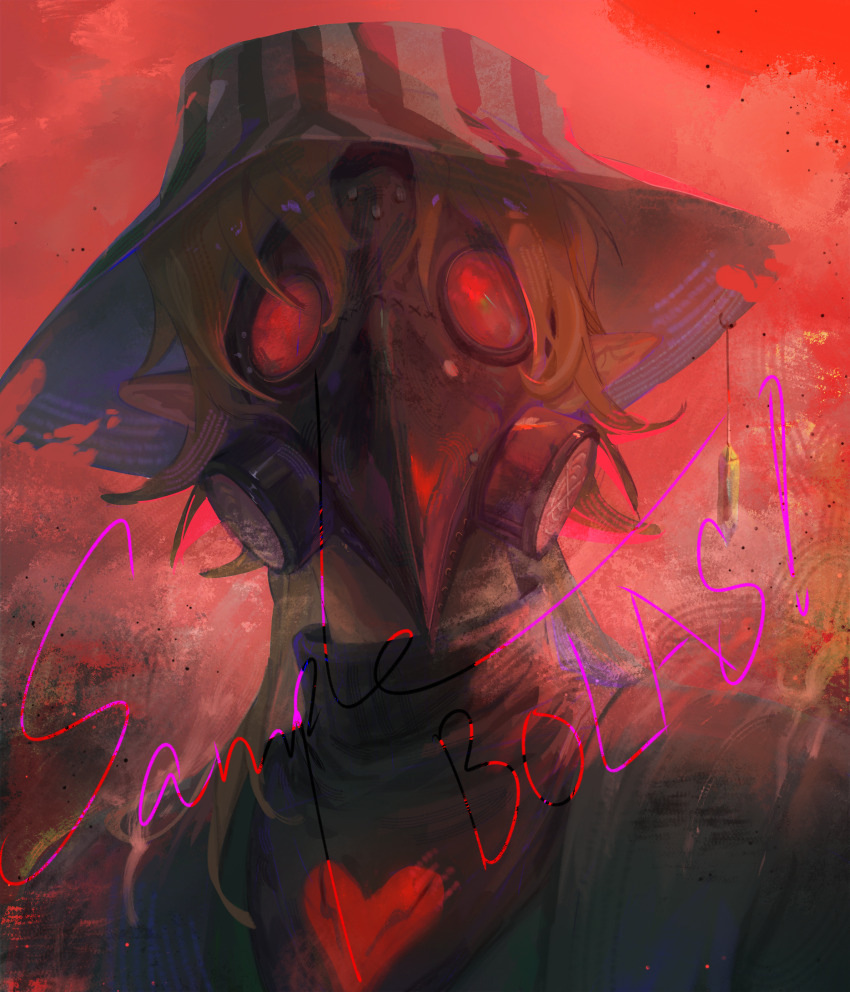 1boy, absurdres, blonde_hair, bucket_hat, chinese_commentary, commentary, gas_mask, green_kimono, hardcore_heart, hat, heart, highres, japanese_clothes, kimono, luogu, male_focus, mask, minecraft_youtube, painterly, ph1lza, pointy_ears, purgatory_(quackity_smp), quackity_smp, red_background, sample_watermark, short_hair, solo, striped_clothes, striped_headwear, team_bolas_(quackity_smp), upper_body, watermark