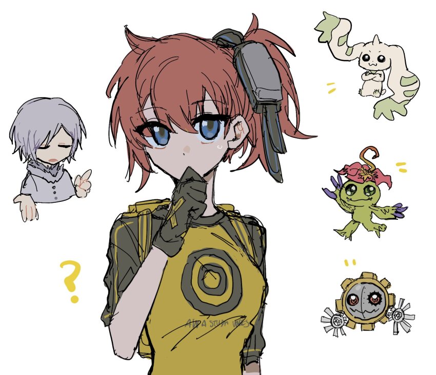 1boy, 1girl, ?, aiba_ami, black_gloves, black_shirt, blue_eyes, breasts