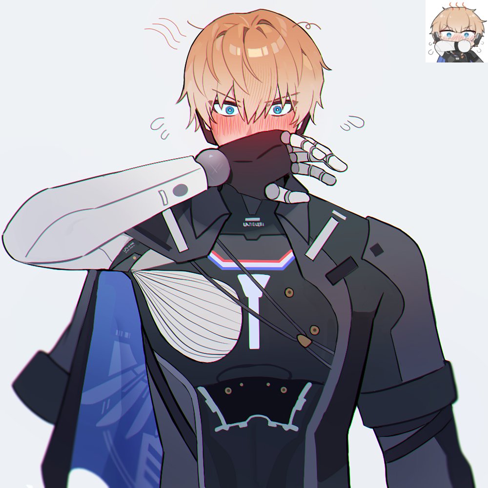 1boy, black_coat, blonde_hair, blue_coat, blue_eyes, cloak, coat, grey_background