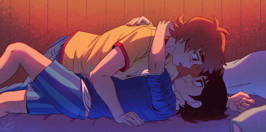 2boys, arm_around_neck, black_eyes, black_hair, blue_sweater, blush, boxers, commentary, denim, english_commentary, eye_contact, faunsipaws, hand_on_another's_back, highres, indoors, jeans, looking_at_another, lying, male_focus, male_underwear, multiple_boys, on_back, on_bed, open_mouth, orange_hair, pants, pillow, scott_pilgrim, scott_pilgrim_(series), scott_pilgrim_takes_off, shirt, short_hair, smile, sweater, underwear, wallace_wells, yaoi, yellow_shirt