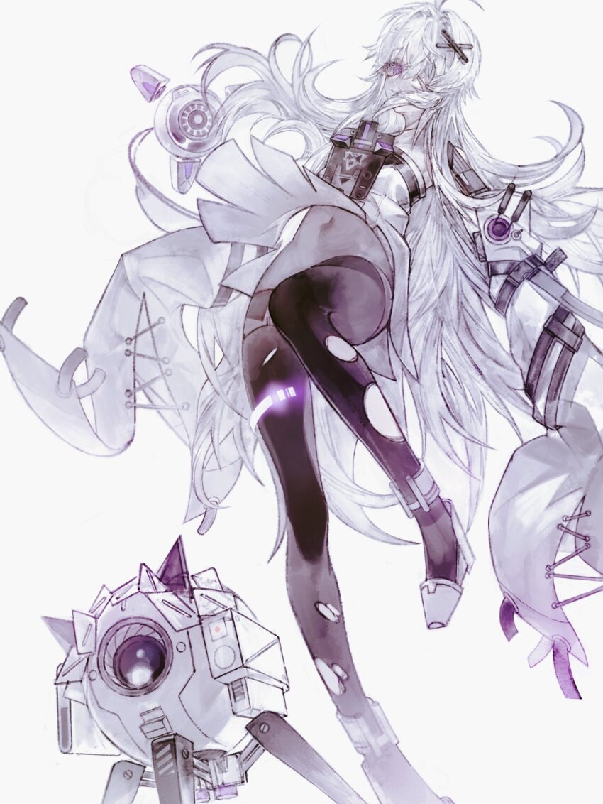 1girl, 1other, ahoge, bandage_over_one_eye, chest_protector, detached_sleeves, drone, greyscale