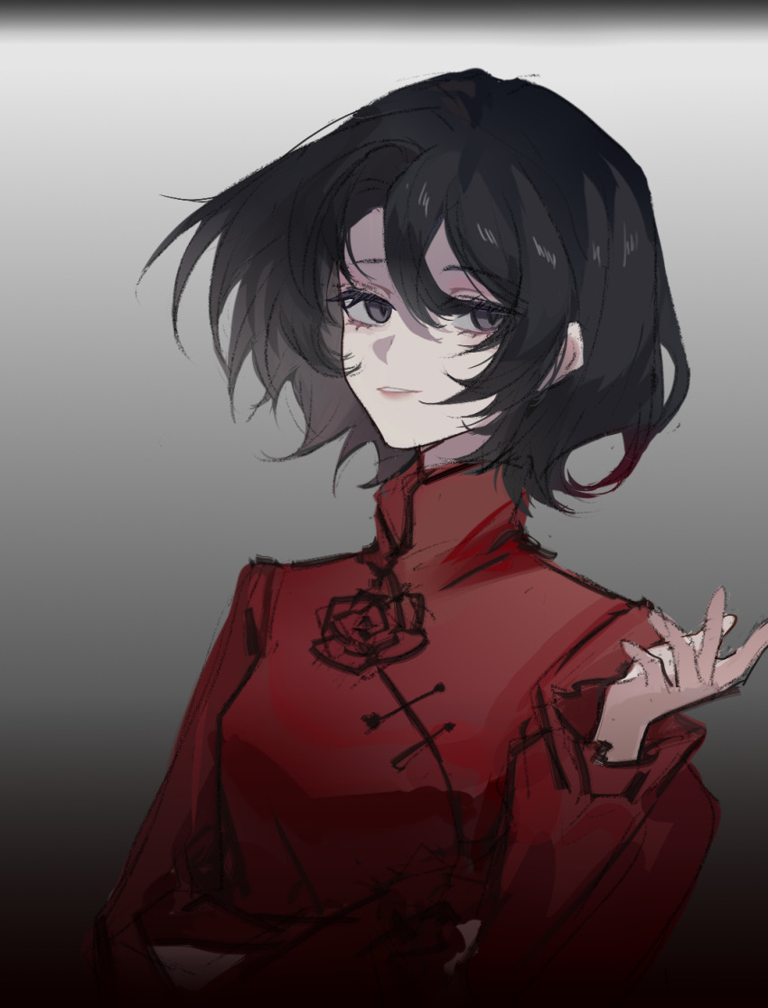 1girl, black_eyes, black_hair, breasts, chinese_commentary, commentary_request, di_hongxia, gradient_background