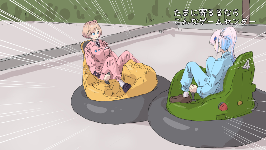 2girls, blue_bow, blue_eyes, blue_hair, blue_jacket, blue_pants, blush, bow