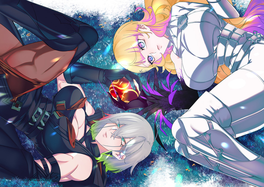 2girls, bare_shoulders, black_dress, black_gloves, blonde_hair, blue_eyes, bodysuit, breasts