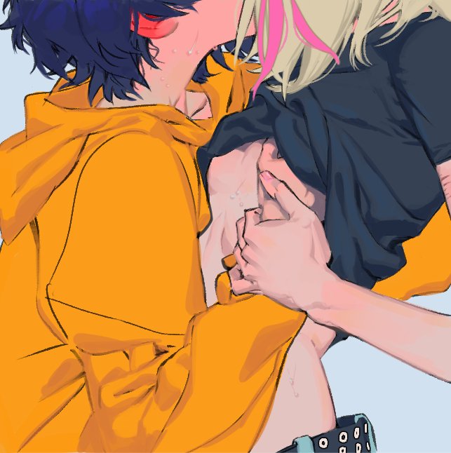 2girls, grabbing_another's_arm, groping, hood, hoodie, implied_kiss, kawai_rika, multiple_girls, ooto_ai, orange_hoodie, shiruanyways, wonder_egg_priority, yuri