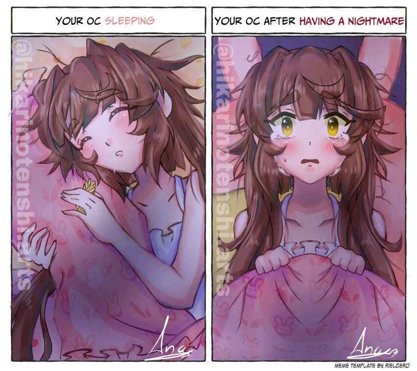 blanket, blush, brown_hair, crying, highres, hikarinotenshi.arts, lifting_covers, messy_hair