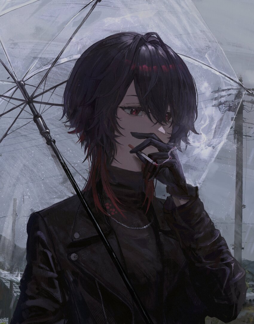 1girl, absurdres, black_gloves, black_hair, black_jacket, black_sweater, chain, chain_necklace