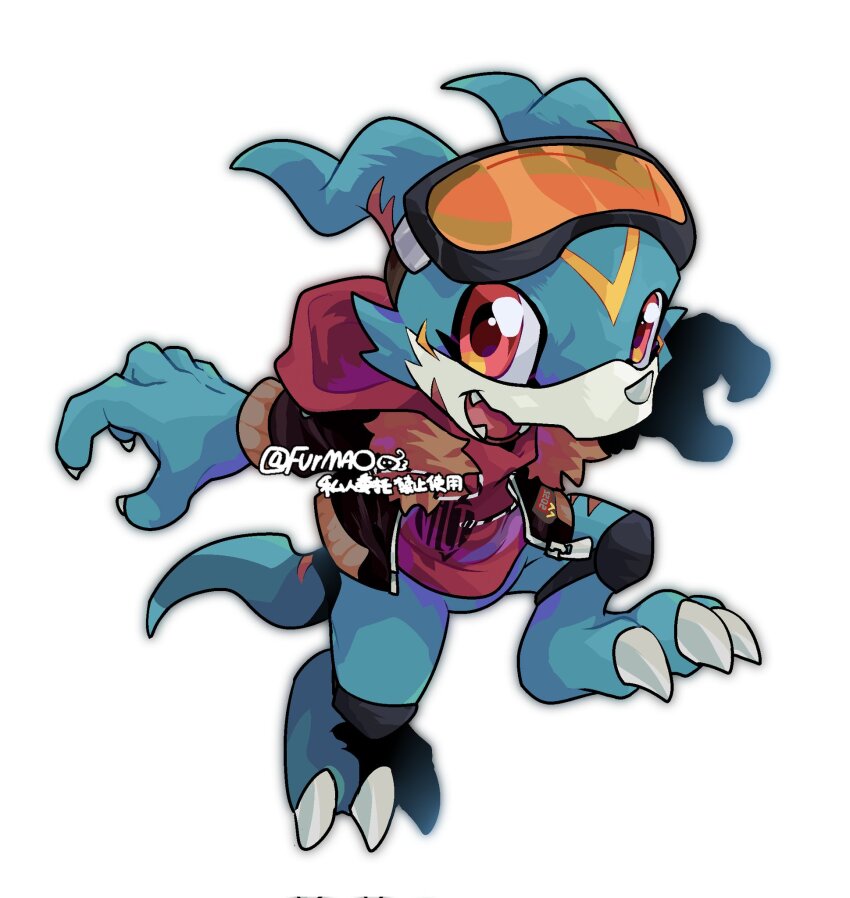 bakamaokun, black_jacket, blue_skin, colored_skin, digimon, digimon_(creature), full_body, goggles