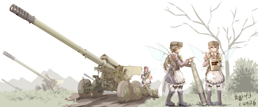 2a36_giatsint-b, 3girls, absurdres, ammunition, artillery, artillery_shell, cannon, cannon-launched_guided_projectile, fairy, fairy_maid_(touhou), highres, military, multiple_girls, original, outdoors, pzgr.40, shell, shell_(projectile), touhou, towed_artillery, tree