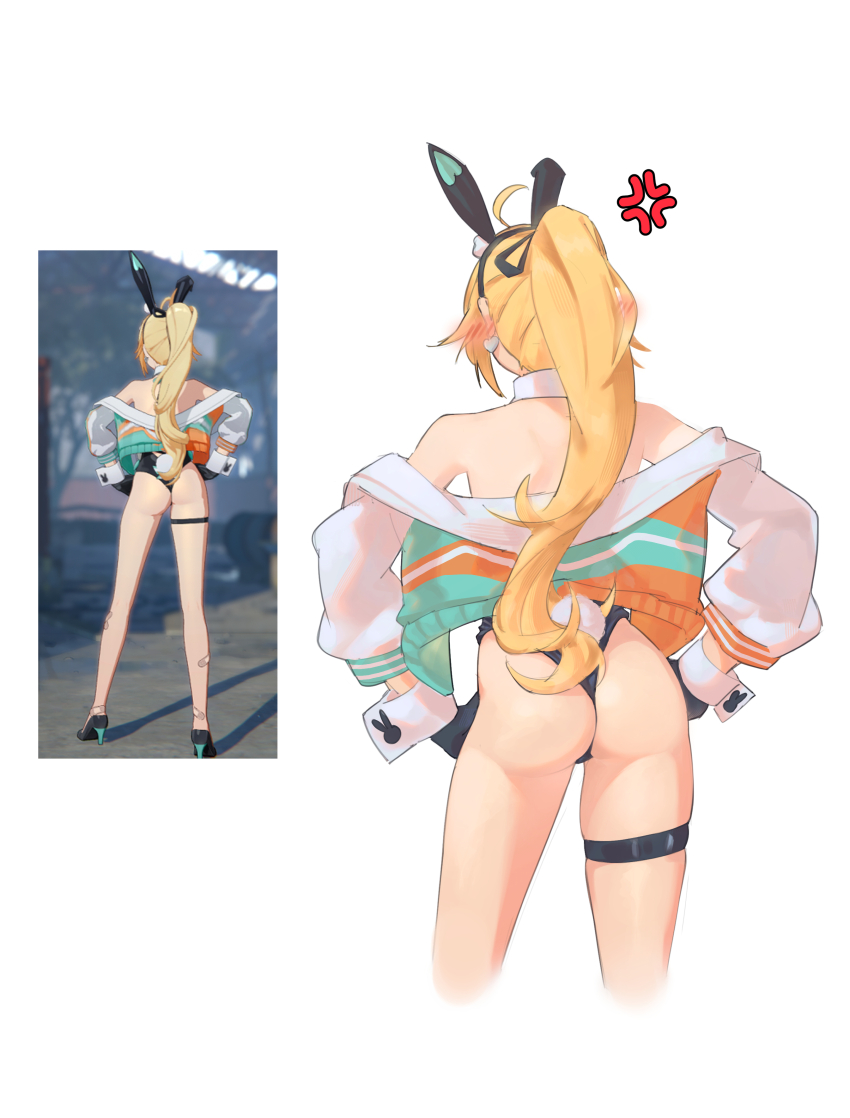 1girl, absurdres, ahoge, anger_vein, animal_ears, ass, bangywetfabric, bare_shoulders