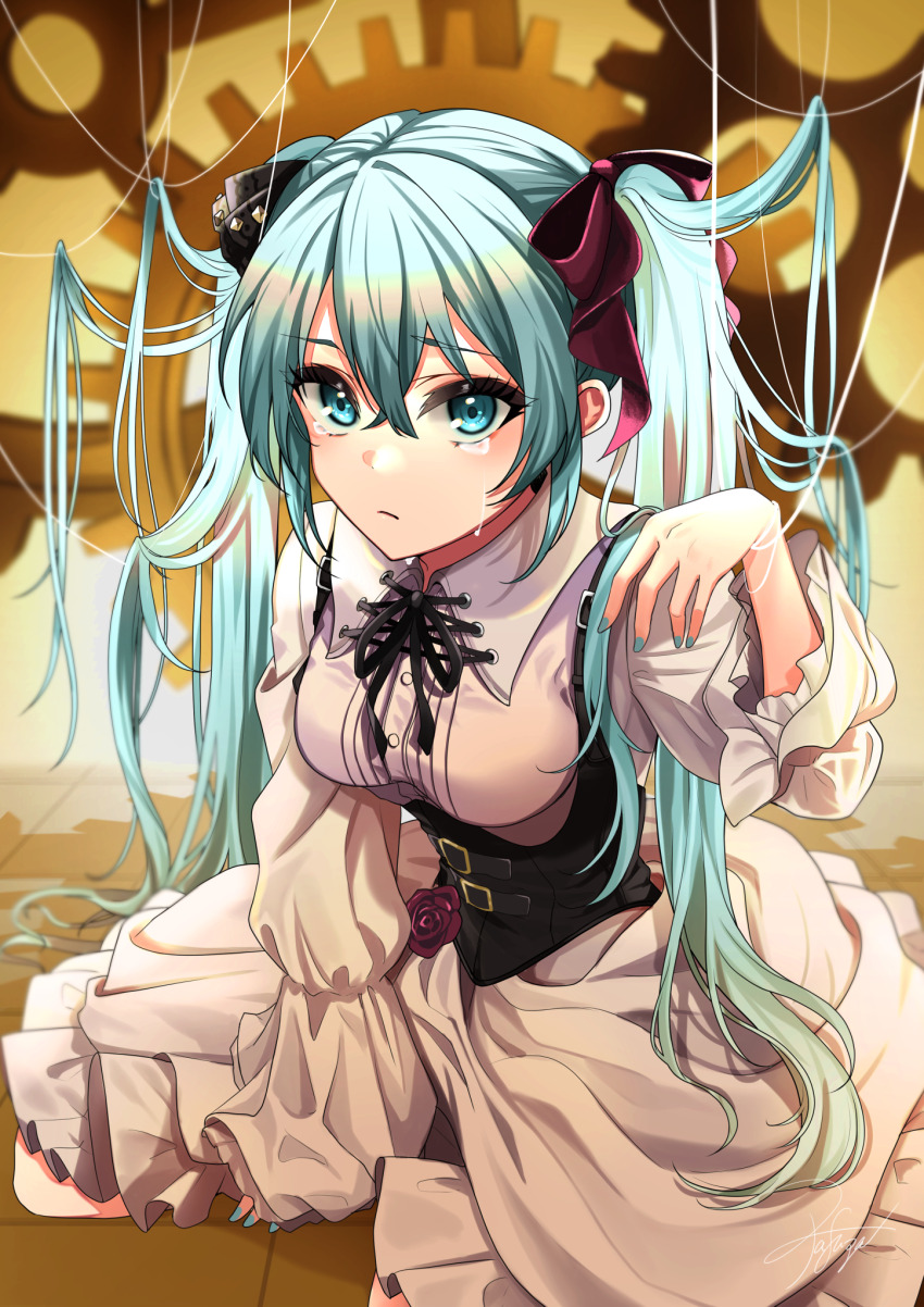 1girl, aqua_eyes, aqua_hair, aqua_nails, black_corset, black_ribbon, breasts, closed_mouth