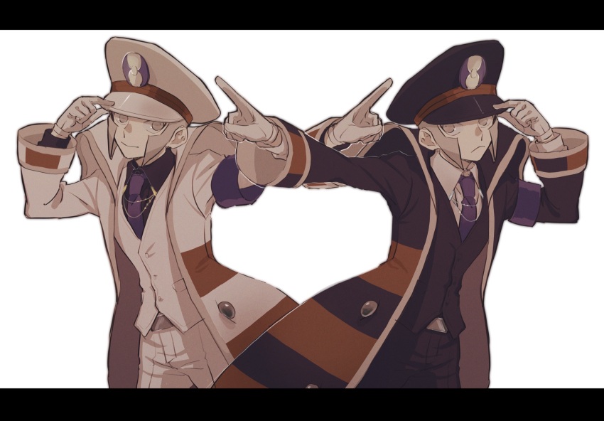 2boys, armband, belt, black_coat, black_hat, black_pants, black_shirt, black_vest, blue_armband, blue_necktie, closed_mouth, coat, collared_shirt, emmet_(pokemon), frown, gloves, grey_eyes, grey_hair, hand_on_headwear, hat, highres, ingo_(pokemon), kinjo_(momoyorieki), male_focus, multiple_boys, necktie, nintendo, pants, pointing, pokemon, pokemon_black_and_white, shirt, short_hair, sideburns, smile, vest, white_background, white_coat, white_gloves, white_hat, white_pants, white_shirt, white_vest