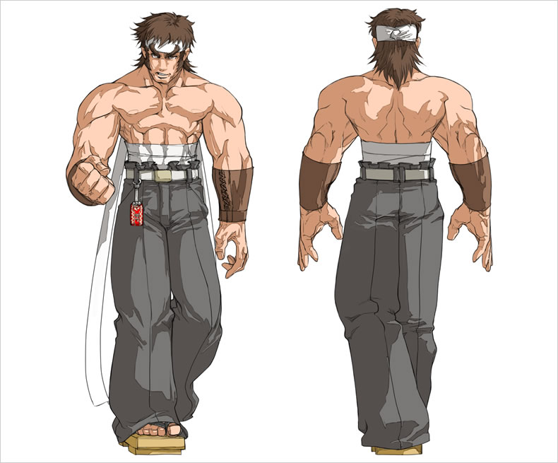 1boy, back, belt, brown_hair, clenched_hand, covered_abs, data_east, falcoon, fighter's_history, geta, grey_pants, headband, japanese_clothes, kof:_maximum_impact, male_focus, midriff_sarashi, mizoguchi_makoto, multiple_views, muscular, muscular_male, official_art, pants, pectorals, sarashi, snk, the_king_of_fighters, thick_eyebrows, topless_male, white_background, white_headband