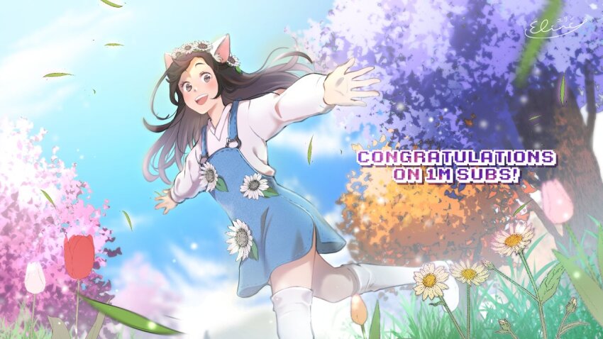 1girl, afterlife_smp, animal_ears, animification, black_hair, blue_overalls, blush, brown_eyes