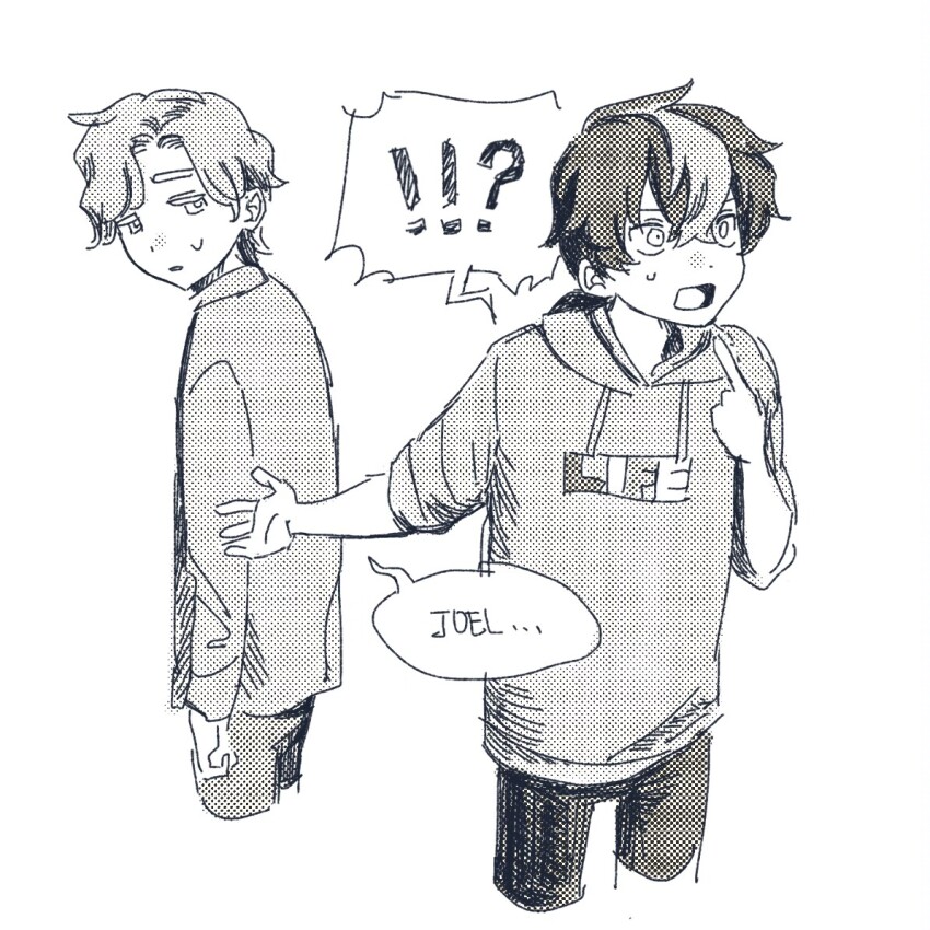!?, 2boys, animification, english_text, greyscale, hood, hood_down, hoodie
