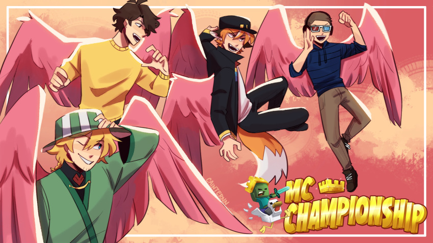 3d_glasses, 4boys, animal_ears, animification, bird_wings, black_hat, blonde_hair, brown_hair