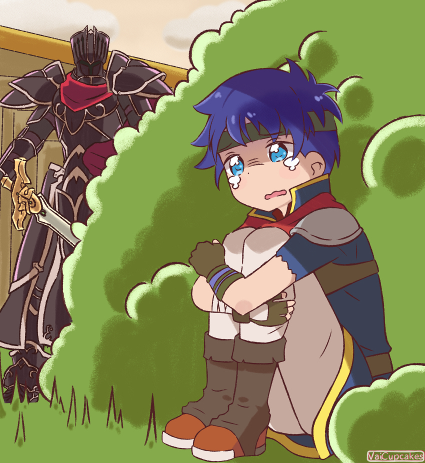 2boys, absurdres, alondite, anime_girl_hiding_from_a_terminator_(meme), armor, artist_name, black_armor, black_knight_(fire_emblem), blue_eyes, blue_hair, bush, cape, crying, fingerless_gloves, fire_emblem, fire_emblem:_path_of_radiance, gloves, grass, green_headband, headband, helmet, hiding, highres, holding, holding_sword, holding_weapon, hugging_own_legs, ike_(fire_emblem), male_focus, meme, multiple_boys, nintendo, on_ground, outdoors, red_cape, short_hair, sitting, sword, vaicupcakes, weapon
