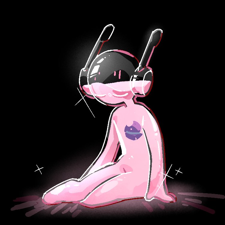 1boy, black_background, closed_eyes, five_pebbles, fleshbird, glass, iterator_(rain_world), liquid, male_focus, mass_rarefaction_cell_(rain_world), on_ground, pink_liquid, rain_world, robot, see-through_body, see-through_clothes, sparkle, transparent