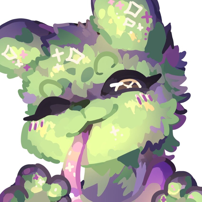 amenalyme, brown_eyes, creature, highres, long_tongue, looking_at_viewer, monster, no_humans, one_eye_closed, portrait, profile_picture, purple_blush, rain_world, saint_(rain_world), slugcat, sparkle, tongue, tongue_out, white_background