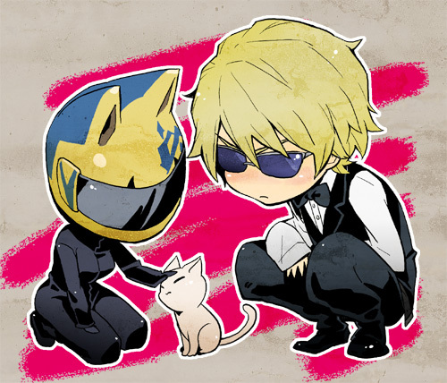 1boy, 1girl, animal_ear_helmet, animal_helmet, black_bodysuit, blonde_hair, bodysuit, bow, bowtie, cat, celty_sturluson, chibi, durarara!!, formal_clothes, headpat, heiwajima_shizuo, helmet, lowres, motorcycle_helmet, suidoku, suit, sunglasses, traditional_bowtie