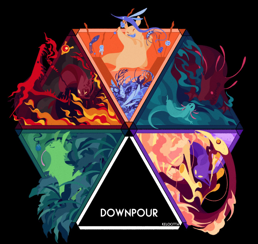 afloat, artificer_(rain_world), batnip_(rain_world), black_background, blue_fruit_(rain_world), bubble_fruit_(rain_world), burn_scar, centipede_(rain_world), closed_eyes, colored_teeth, creature, dragon, dropwig_(rain_world), english_text, explosive_spear_(rain_world), fire, gourmand_(rain_world), green_background, hazer_(rain_world), highres, holding, holding_polearm, holding_weapon, kelocitta, king_vulture_(rain_world), lizard, lizard_(rain_world), long_tongue, monster, no_humans, no_mouth, noodlefly_(rain_world), open_mouth, orange_background, pink_eyes, polearm, popcorn_plant_(rain_world), purple_background, rain_world, red_lizard_(rain_world), red_teeth, rivulet_(rain_world), saint_(rain_world), salamander_lizard_(rain_world), scar, scar_across_eye, scar_on_face, sharp_teeth, signature, slime_mold_(rain_world), slugcat, sofanthiel, spear, spearmaster_(rain_world), stab, standing, steam, teeth, tongue, tongue_out, triangle, vegetation, water, weapon, white_eyes, yellow_eyes