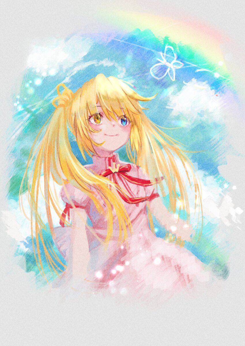 1girl, absurdres, arms_at_sides, blonde_hair, blue_eyes, blue_sky, blush, closed_mouth, cowboy_shot, crown, day, dress, eyelashes, eyes_visible_through_hair, floating_hair, hair_between_eyes, happy, heterochromia, highres, ikumi_(1_9_3), juliet_sleeves, kazamatsuri_institute_high_school_uniform, light_particles, long_hair, long_sleeves, looking_up, mini_crown, nakatsu_shizuru, neck_ribbon, outdoors, pastel_colors, pink_dress, puffy_sleeves, rainbow, red_ribbon, rewrite, ribbon, sanpaku, school_uniform, sidelocks, sky, smile, solo, split_mouth, straight_hair, twintails, very_long_hair, yellow_eyes