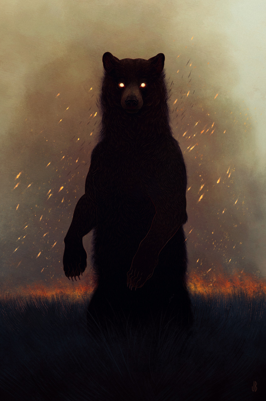 absurdres, animal, animal_focus, bear, black_fur, blank_eyes, burning, commentary