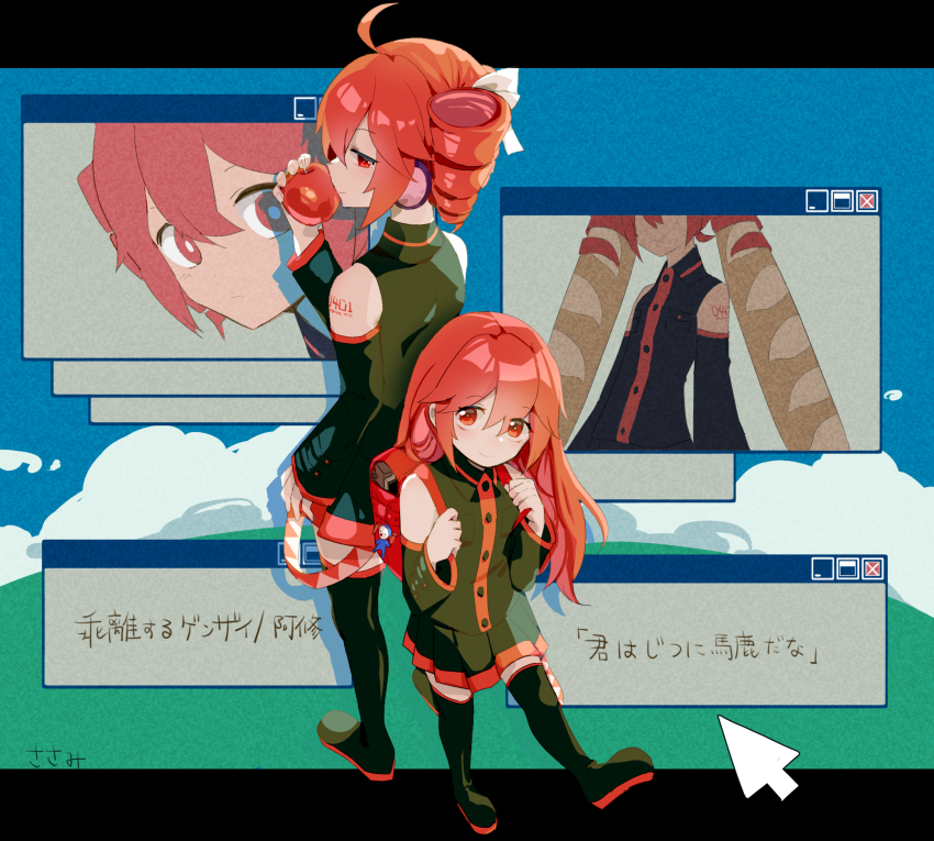 1girl, absurdres, age_progression, aged_down, ahoge, apple, bag, baguette