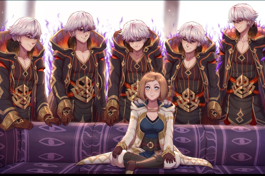 1girl, 5boys, aura, belt, black_robe, black_shirt, blue_eyes, boots, brown_footwear, brown_gloves, brown_hair, couch, crossed_legs, evomanaphy, female_kiran_(fire_emblem), fire_emblem, fire_emblem_heroes, freckles, gloves, gold_trim, grima_(fire_emblem), highres, kiran_(fire_emblem), looking_down, male_robin_(fire_emblem), male_robin_(grima)_(fire_emblem), male_robin_(grima)_(resplendent)_(fire_emblem), medium_hair, meme, multiple_boys, naughty_face, nintendo, on_couch, piper_perri_surrounded_(meme), red_eyes, robe, shirt, sitting, smile, sparkle, sparkling_eyes, star-shaped_pupils, star_(symbol), symbol-shaped_pupils, white_hair, white_robe