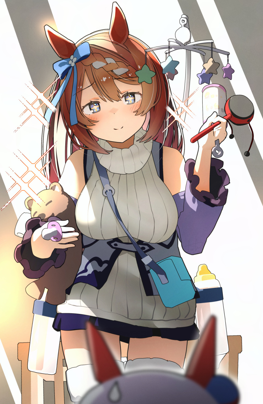 +_+, 1girl, 2girls, animal_ears, baby_bottle, bag, blue_bow, blue_eyes
