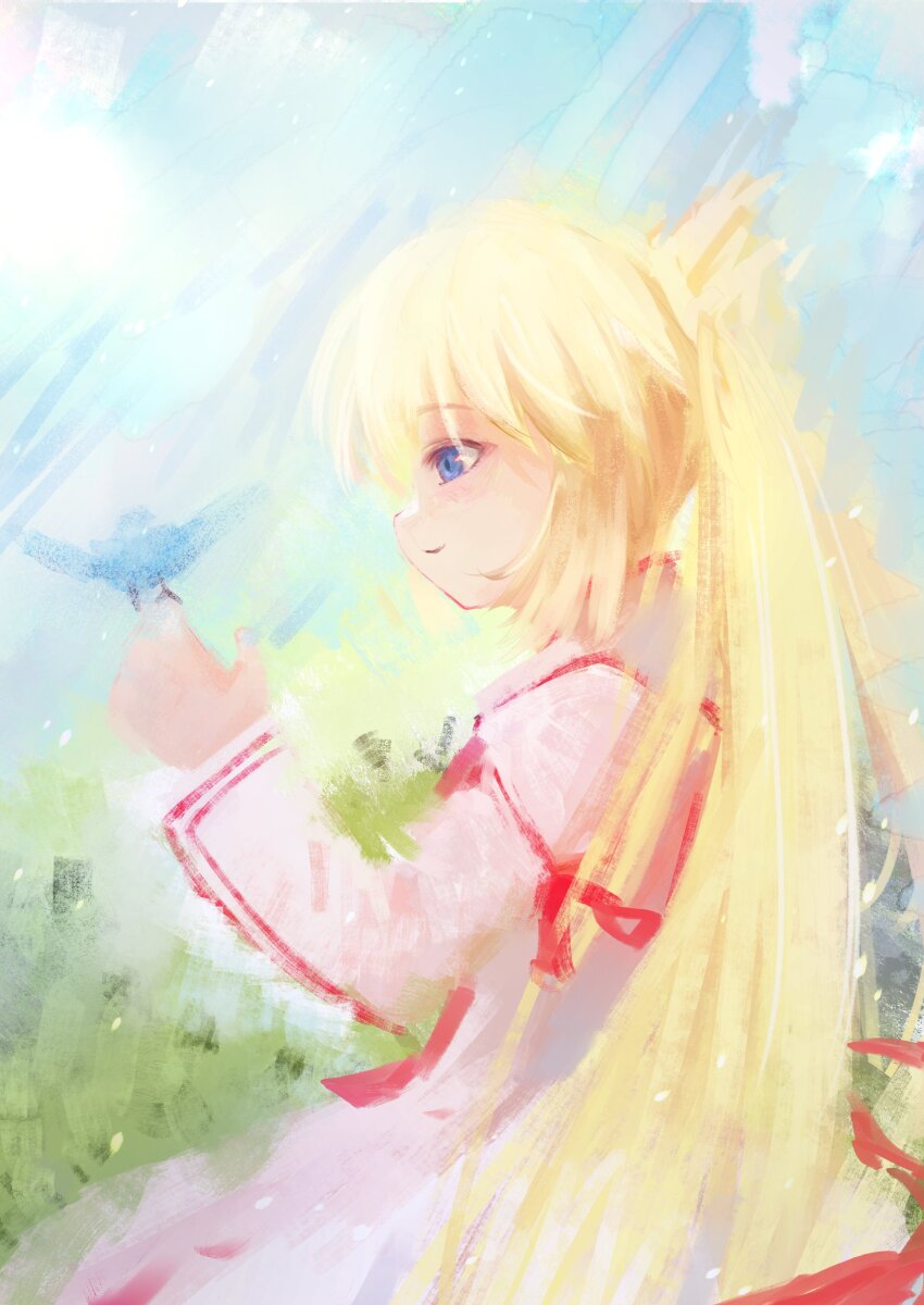 1girl, absurdres, bird, bird_on_hand, blonde_hair, blue_eyes, blush, closed_mouth