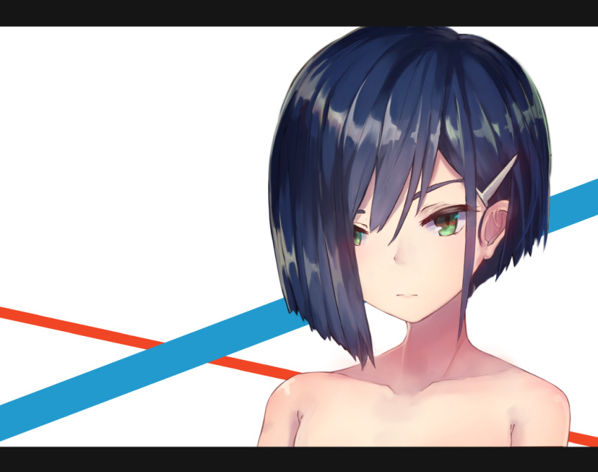 1girl, asymmetrical_hair, bare_shoulders, blue_hair, blunt_ends, bob_cut, close-up, closed_mouth