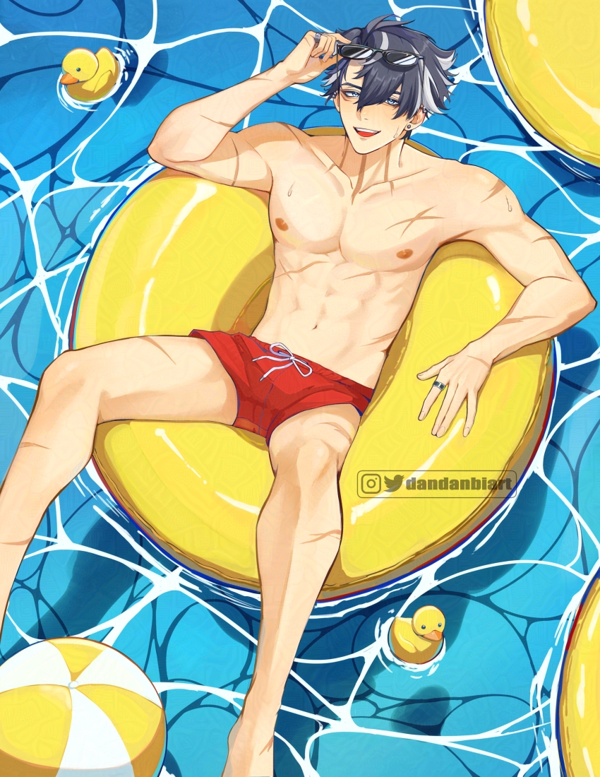 1boy, abs, absurdres, bare_legs, black_hair, dandanbiart, earrings, eyewear_on_head