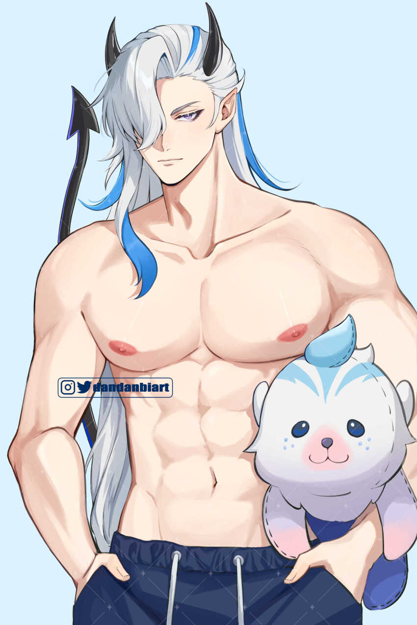 1boy, abs, absurdres, black_pants, blue_background, blue_hair, closed_mouth, dandanbiart