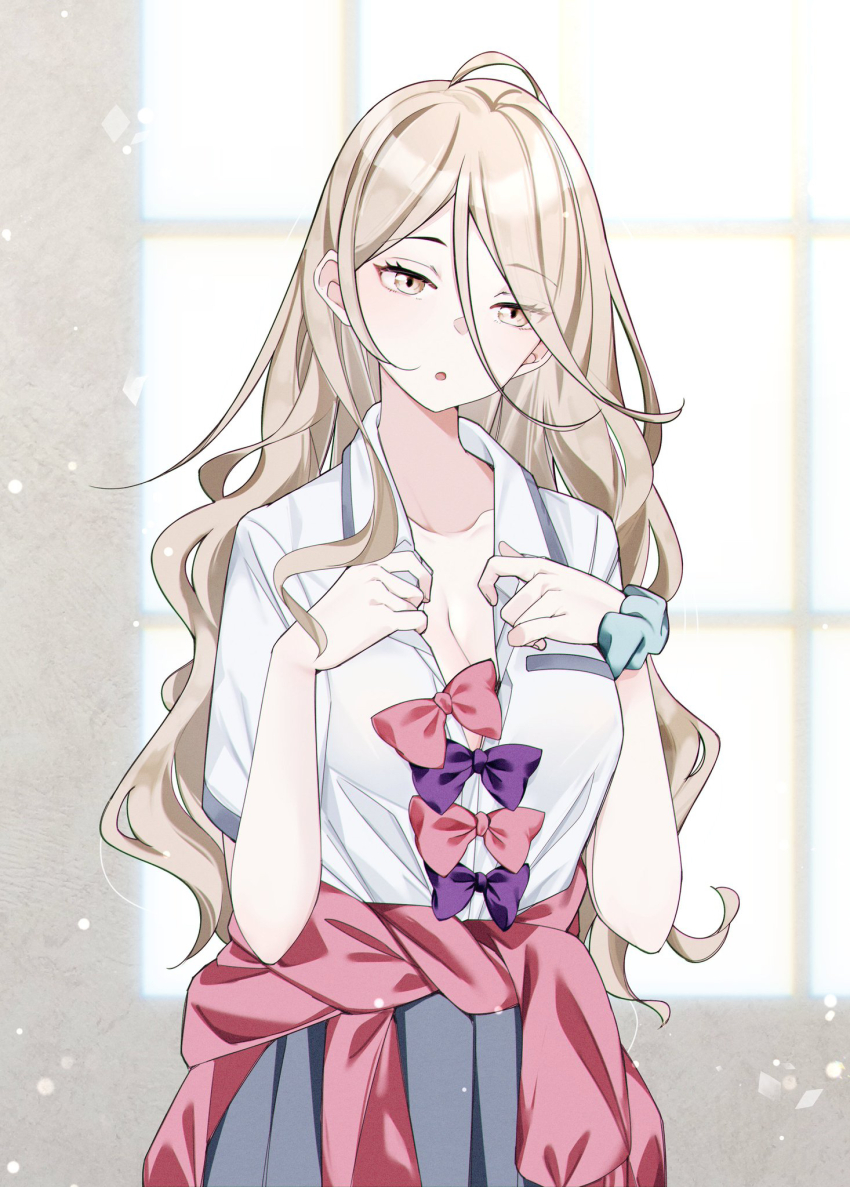 1girl, ahoge, blonde_hair, bow, bowtie, breasts, cleavage, clothes_around_waist