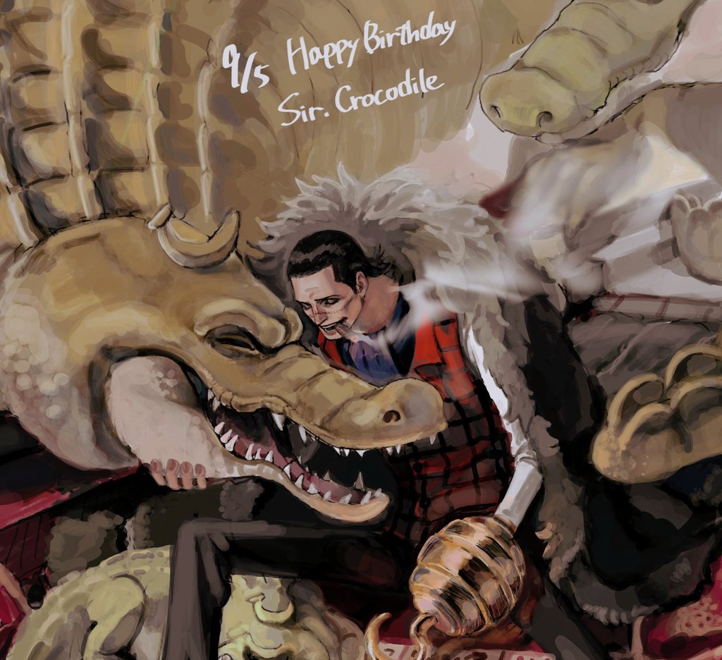 1boy, ascot, bananawani, bananawani_(one_piece), black_hair, blue_ascot, cigar, coat, commentary_request, crocodile, crocodile_(one_piece), crocodilian, dated, fur-trimmed_coat, fur_trim, happy_birthday, hook_hand, hug, juugagon, one_piece, sharp_teeth, shirt, smile, smoke, stitched_face, stitches, teeth, vest, white_shirt