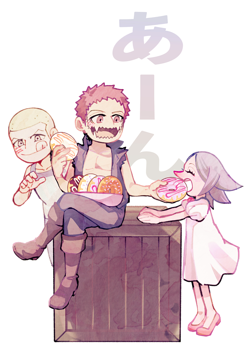 1girl, 2boys, aged_down, box, brother_and_sister, buzz_cut, charlotte_brulee, charlotte_daifuku