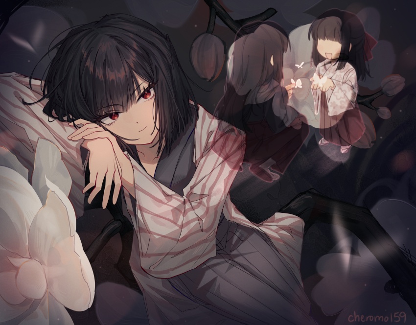 2girls, absurdres, artist_name, black_hair, black_kimono, bow, branch, bug, butterfly, cheromo159, child, coat, floral_print, flower, hair_bow, hell_screen, highres, insect, japanese_clothes, kimono, limbus_company, long_hair, medium_hair, mother_and_child, mother_and_daughter, multiple_girls, parent_and_child, project_moon, red_bow, red_eyes, ryoshu_(project_moon), sandals, striped_coat, white_kimono