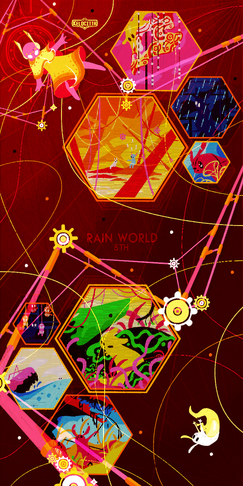 1boy, 1girl, black_eyes, cable, chieftain_scavenger_mask_(rain_world), colored_skin, creature, dragon