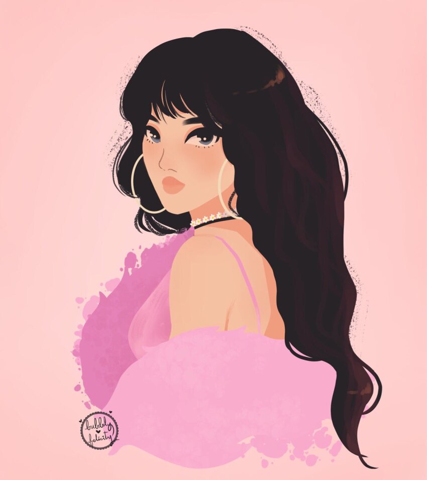 1girl, artist_name, black_hair, blue_eyes, bubblyfelicity, choker, closed_mouth, coat, commentary, earrings, english_commentary, fur_coat, highres, hoop_earrings, irene_(red_velvet), jewelry, k-pop, long_hair, pink_background, pink_lips, real_life, red_velvet_(group), simple_background, single_bare_shoulder, solo, upper_body