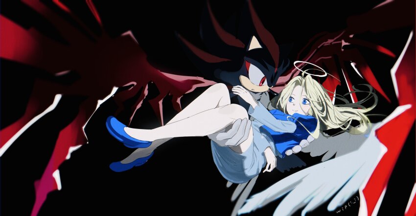 1boy, 1girl, angel, angel_wings, animal_ears, animal_nose, black_background, blonde_hair